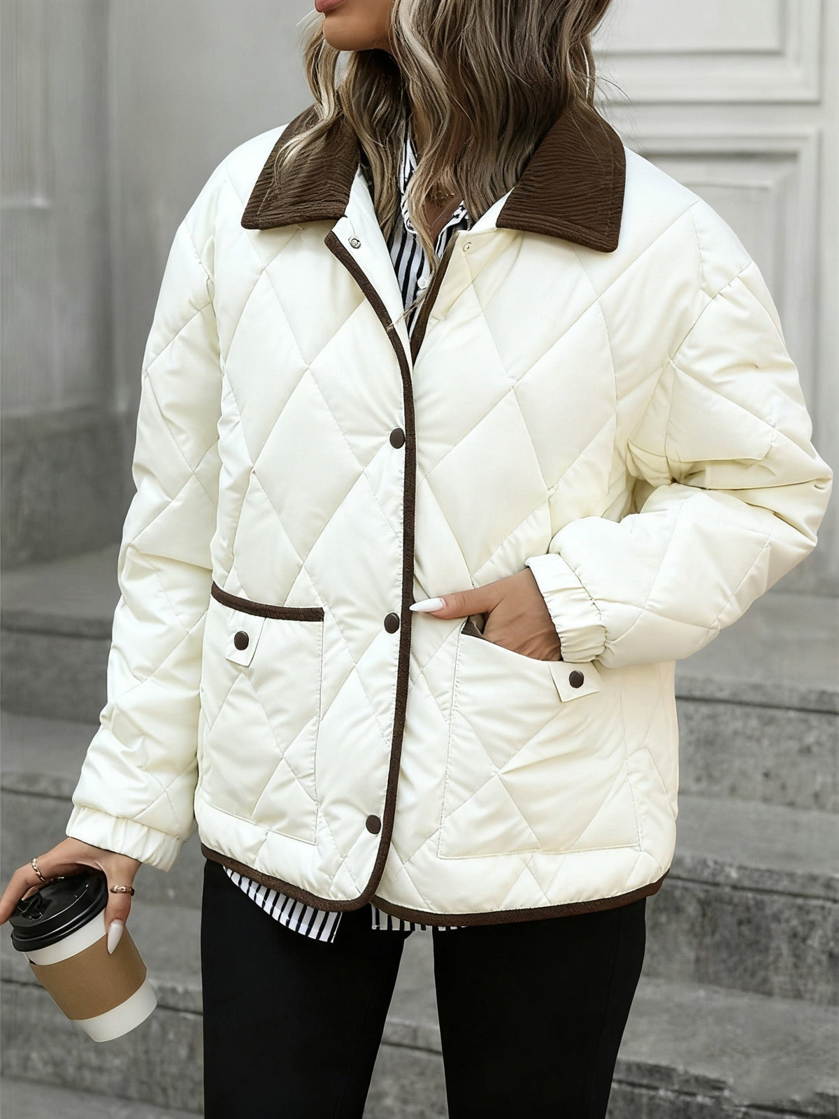 Women's Lightly Padded Diamond-Quilted Winter Jacket in Coffee Brown or Off-White