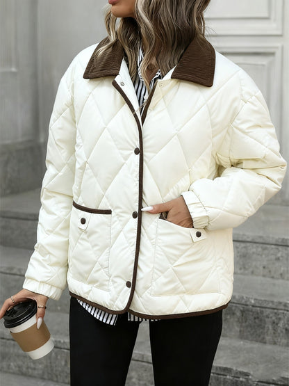 Women's Lightly Padded Diamond-Quilted Winter Jacket in Coffee Brown or Off-White