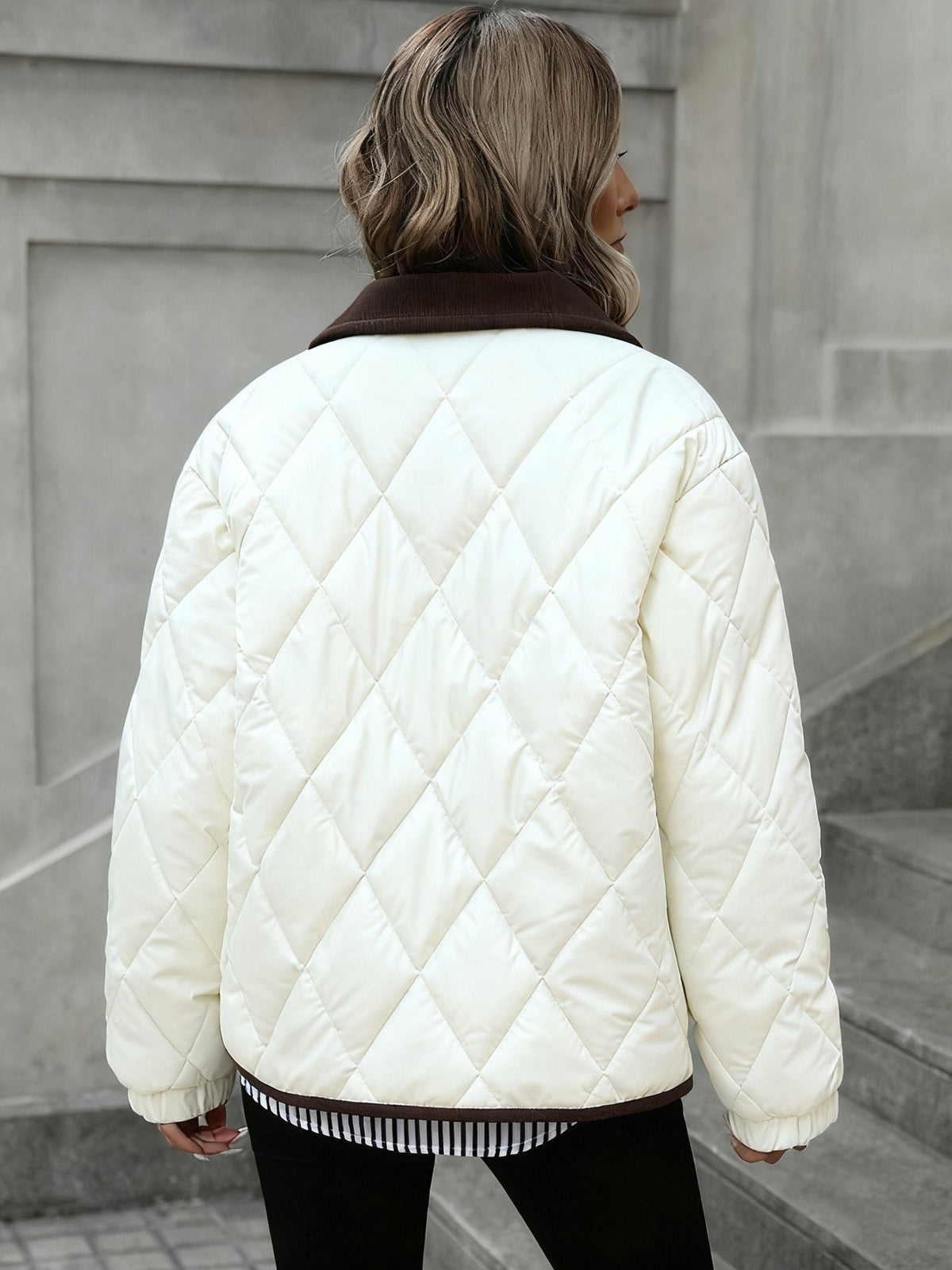 Women's Lightly Padded Diamond-Quilted Winter Jacket in Coffee Brown or Off-White