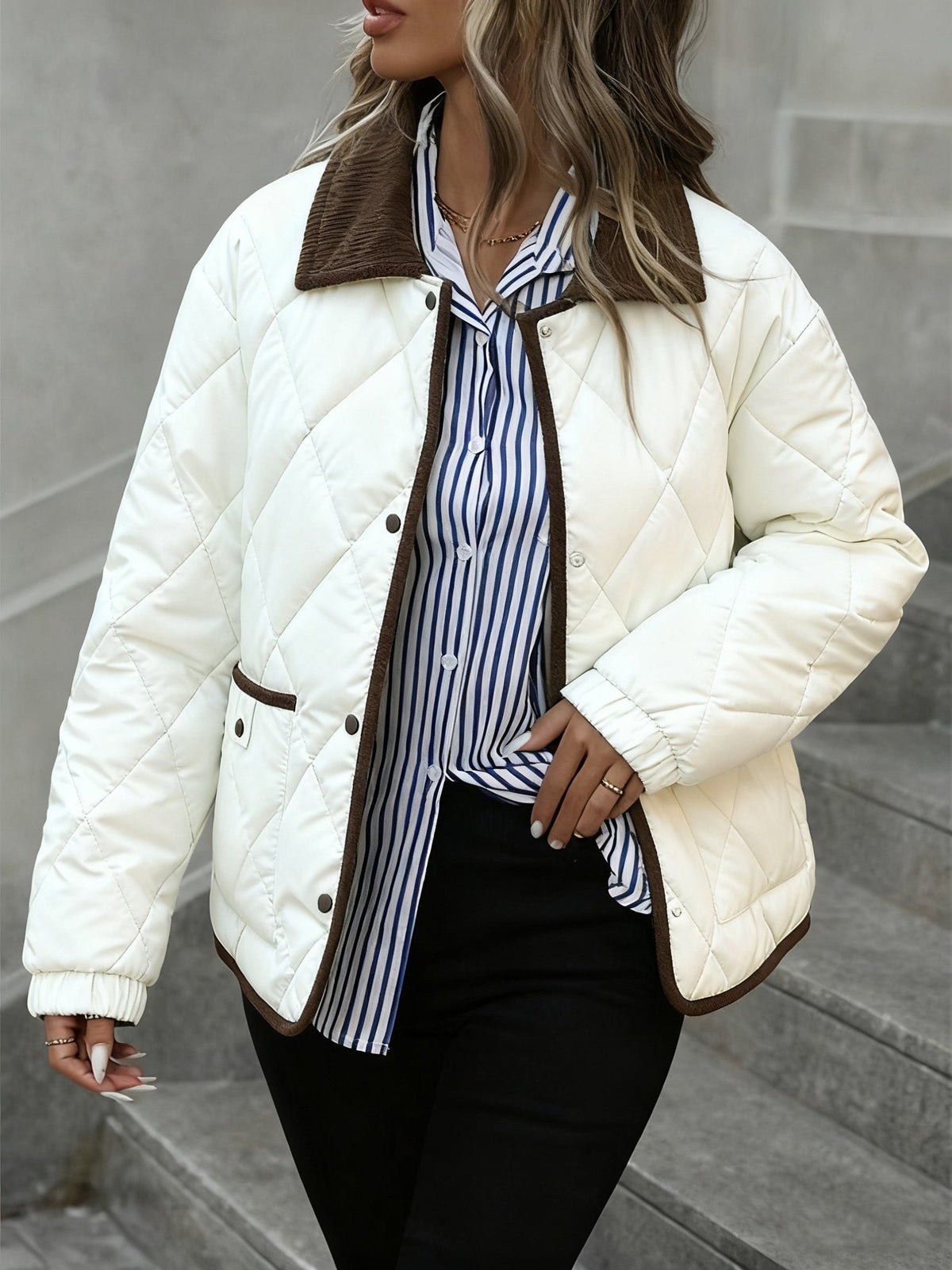Women's Lightly Padded Diamond-Quilted Winter Jacket in Coffee Brown or Off-White