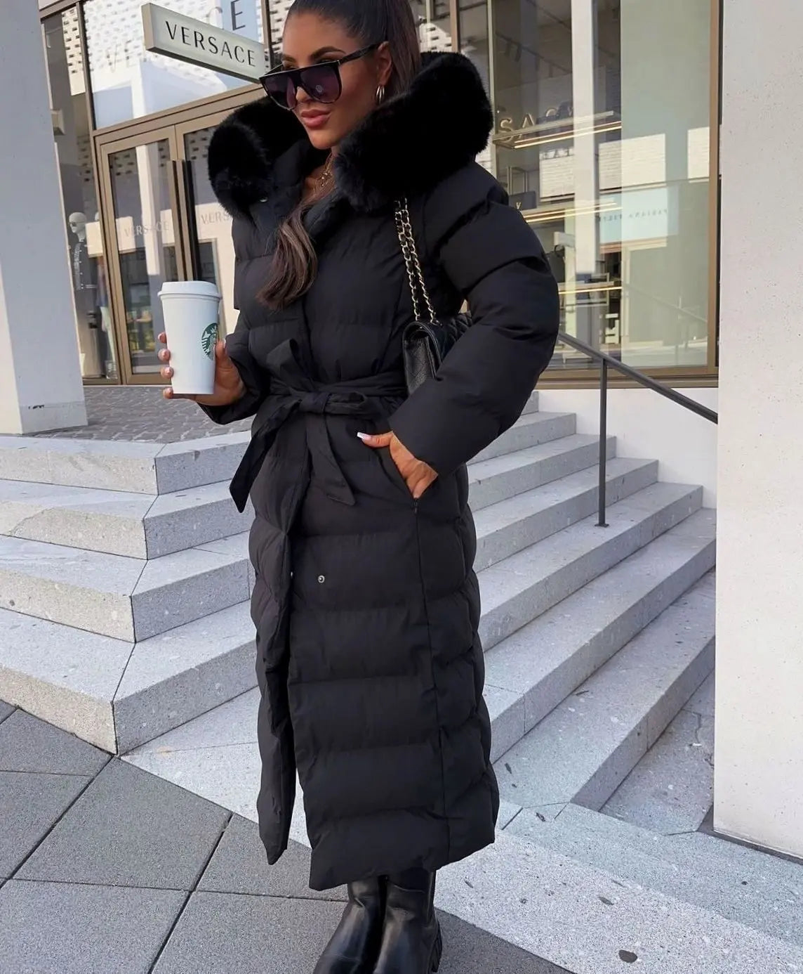 Women's Long Belted Puffer Coat with Fur Hood