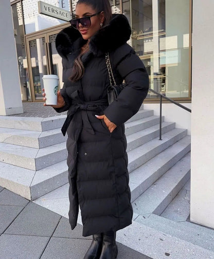 Women's Long Belted Puffer Coat with Fur Hood