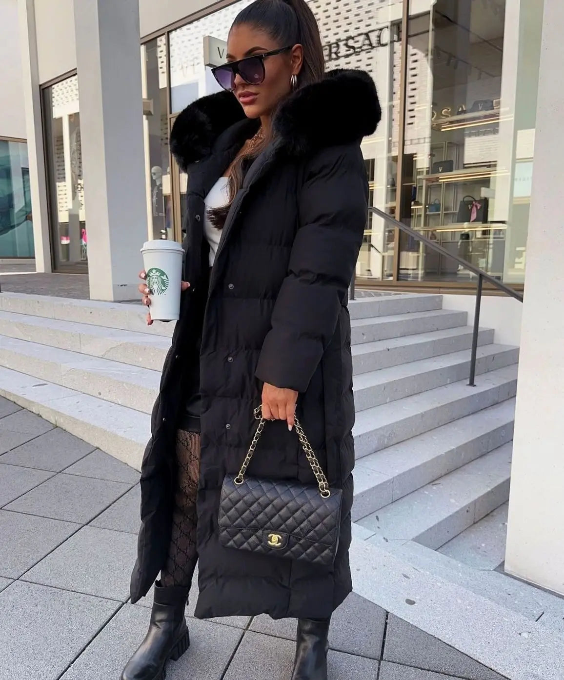 Women's Long Belted Puffer Coat with Fur Hood