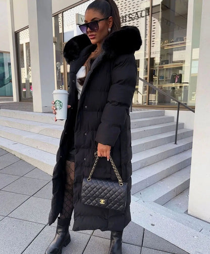 Women's Long Belted Puffer Coat with Fur Hood
