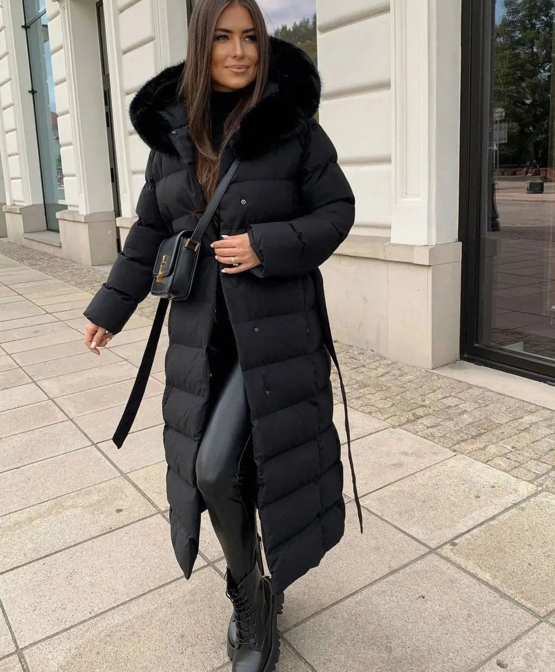 Women's Long Belted Puffer Coat with Fur Hood