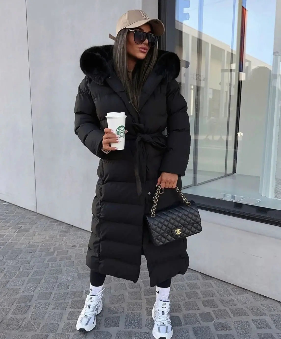 Women's Long Belted Puffer Coat with Fur Hood