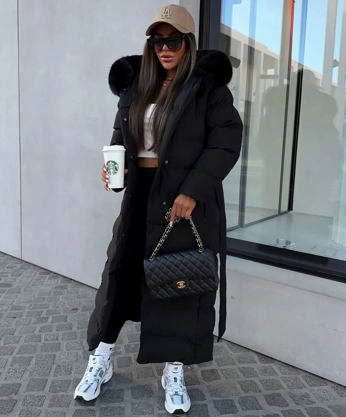 Women's Long Belted Puffer Coat with Fur Hood