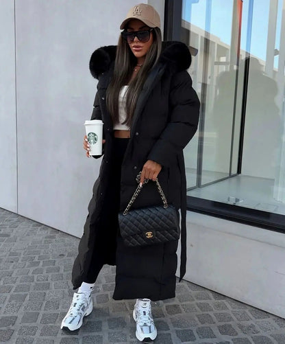 Women's Long Belted Puffer Coat with Fur Hood