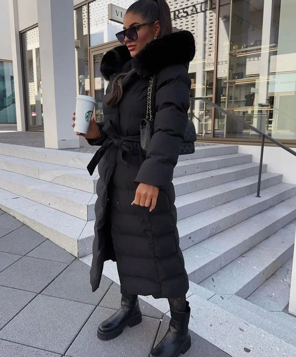 Women's Long Belted Puffer Coat with Fur Hood