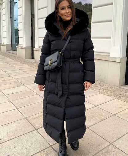 Women's Long Belted Puffer Coat with Fur Hood