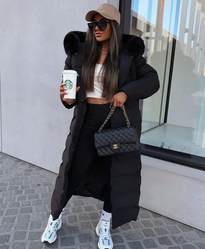 Women's Long Belted Puffer Coat with Fur Hood