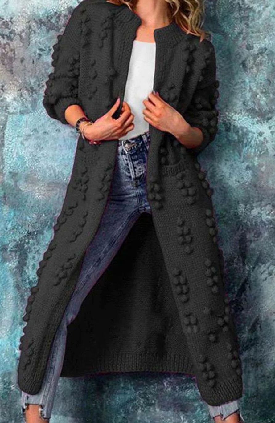 Women's Long Open-Front Pom-Detail Knitted Cardigan Sweater