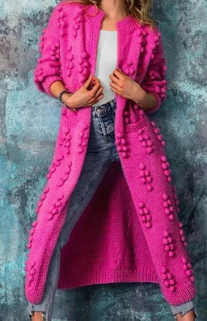 Women's Long Open-Front Pom-Detail Knitted Cardigan Sweater