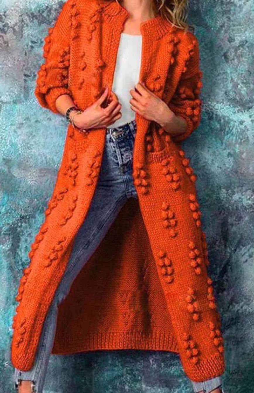 Women's Long Open-Front Pom-Detail Knitted Cardigan Sweater