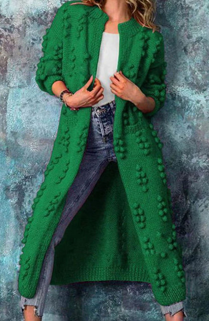 Women's Long Open-Front Pom-Detail Knitted Cardigan Sweater