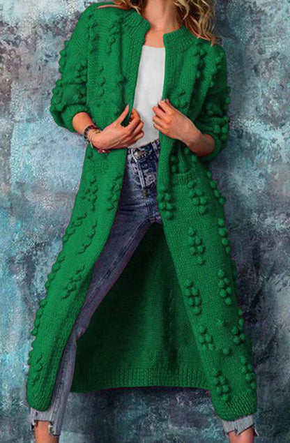 Women's Long Open-Front Pom-Pom Textured Cardigan Sweater