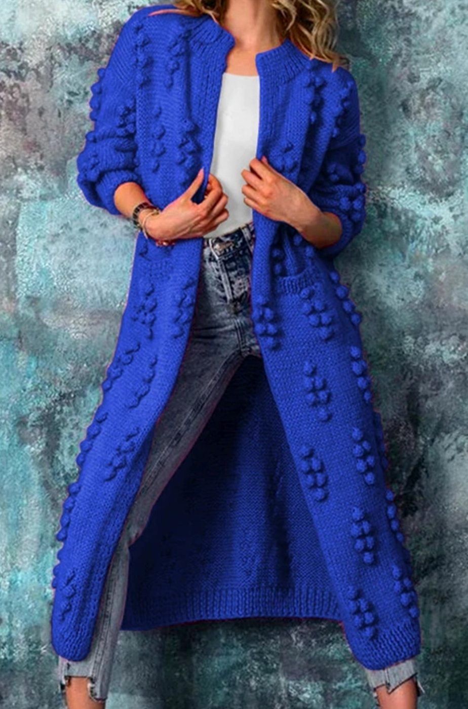 Women's Long Open-Front Pom-Pom Textured Cardigan Sweater