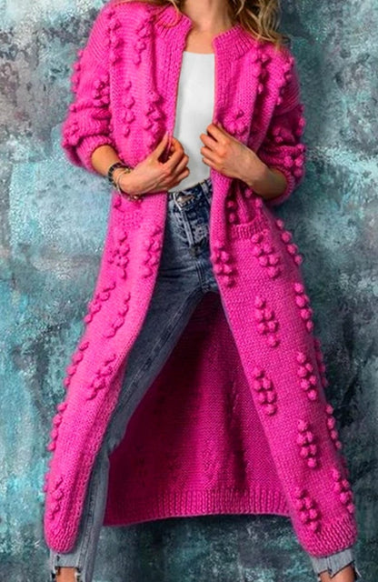 Women's Long Open-Front Pom-Pom Textured Cardigan Sweater