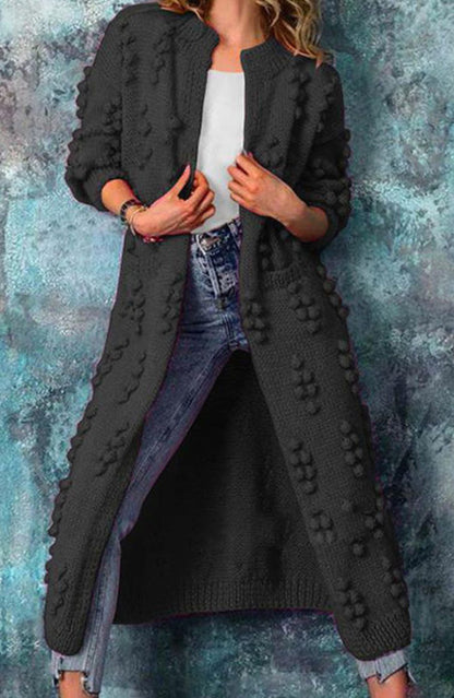 Women's Long Open-Front Pom-Pom Textured Cardigan Sweater