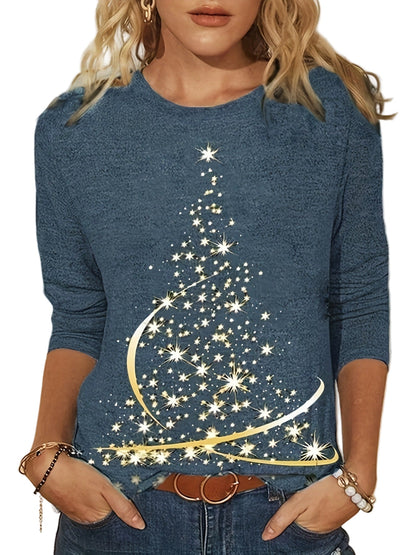 Women's Long-Sleeve Christmas Tree Print T-Shirt