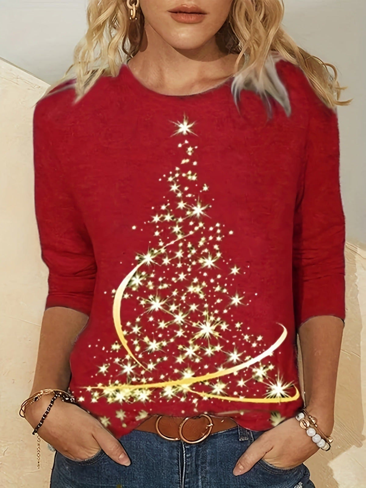 Women's Long-Sleeve Christmas Tree Print T-Shirt