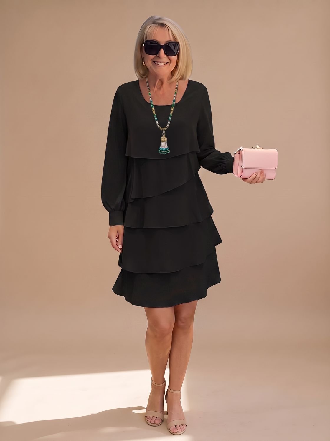 Women's Long-Sleeve Tiered Ruffle Midi Dress