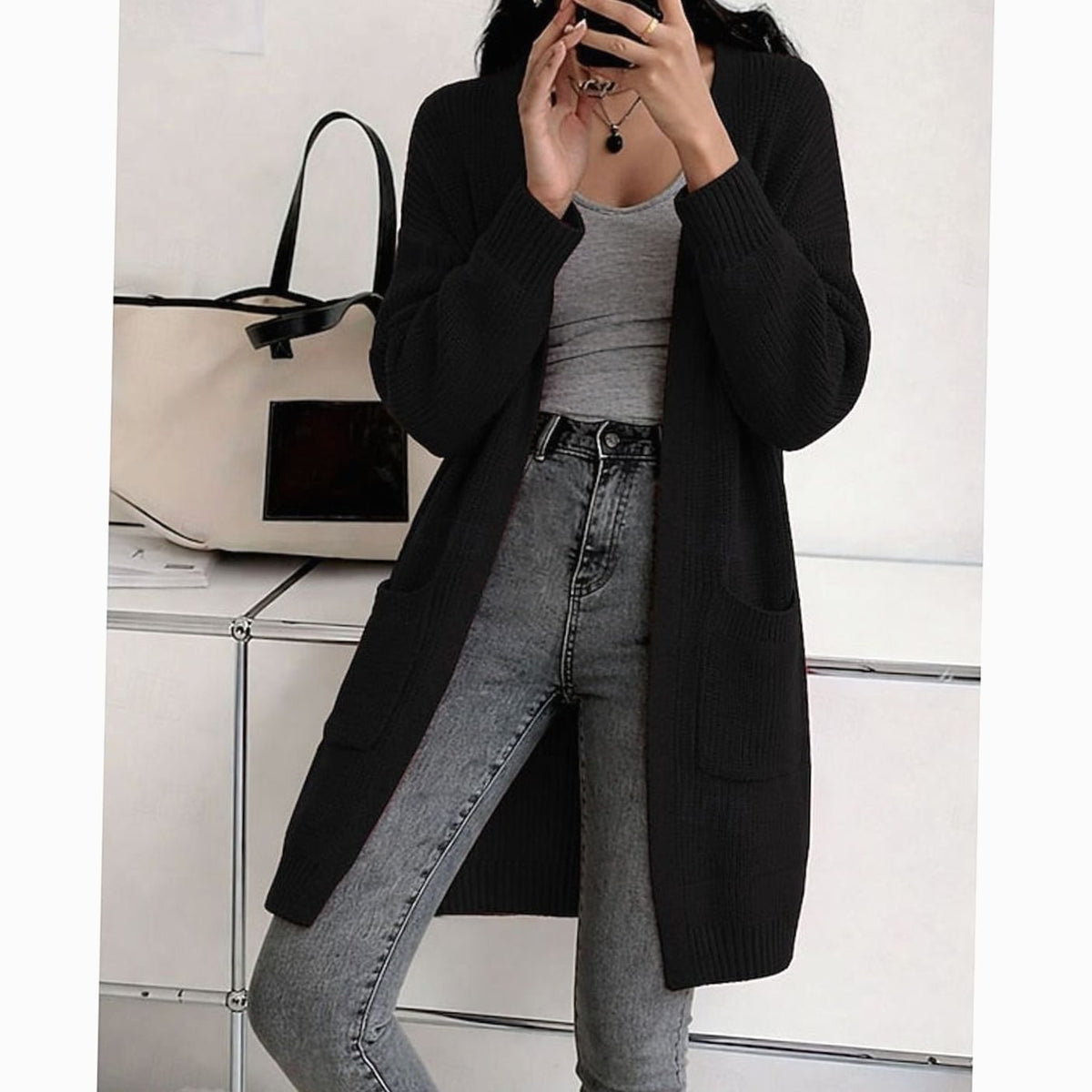 Women's Longline Open-Front Ribbed Knit Cardigan
