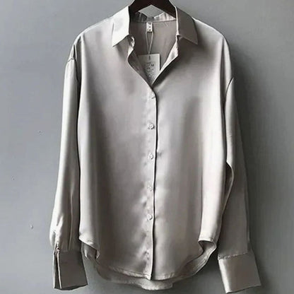 Women's Loose Long Sleeve Satin Button-Down Blouse