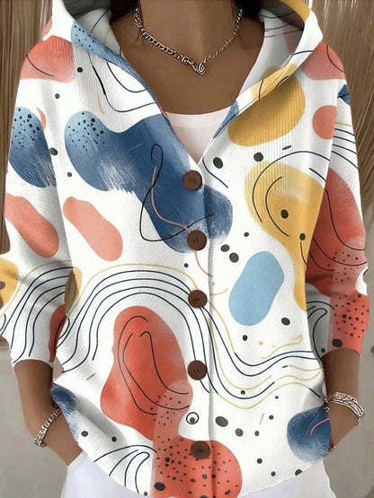 Women's Multicolor Patchwork Button-Front Hooded Cardigan Sweater