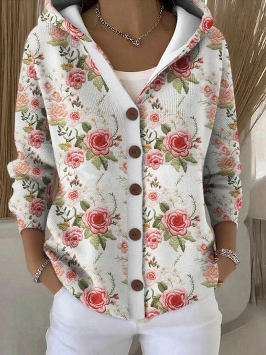 Women's Multicolor Patchwork Button-Front Hooded Cardigan Sweater