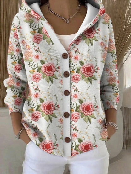 Women's Multicolor Patchwork Button-Front Hooded Cardigan Sweater