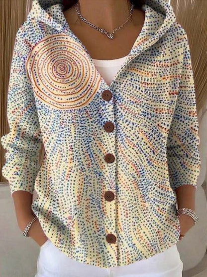 Women's Multicolor Patchwork Button-Front Hooded Cardigan Sweater