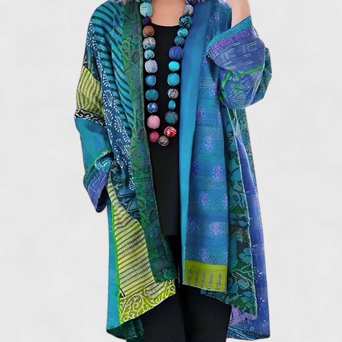 Women's Open-Front Patchwork Print Long Cardigan