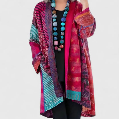 Women's Open-Front Patchwork Print Long Cardigan