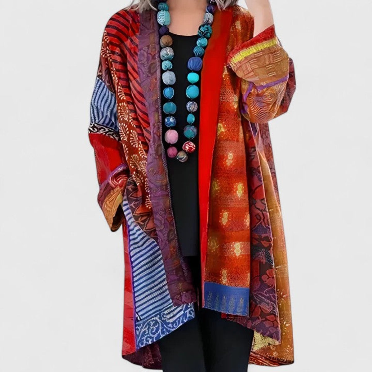 Women's Open-Front Patchwork Print Long Cardigan