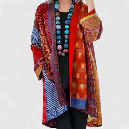 Women's Open-Front Patchwork Print Long Cardigan