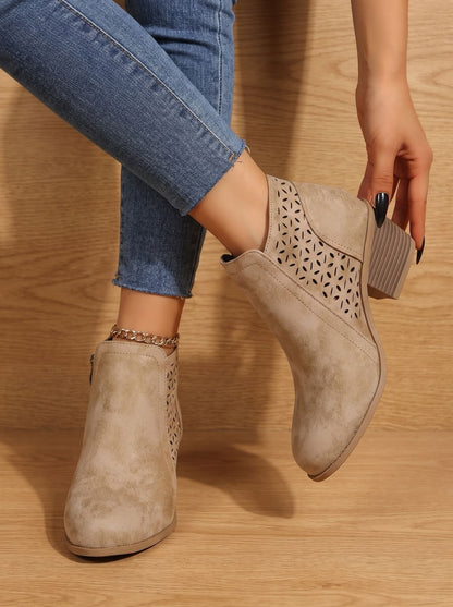 Women's Orthopedic Block Heel Ankle Boots with Laser-Cut Pattern