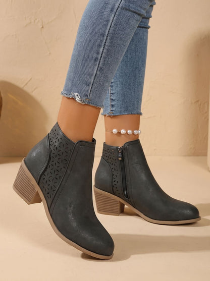 Women's Orthopedic Block Heel Ankle Boots with Laser-Cut Pattern
