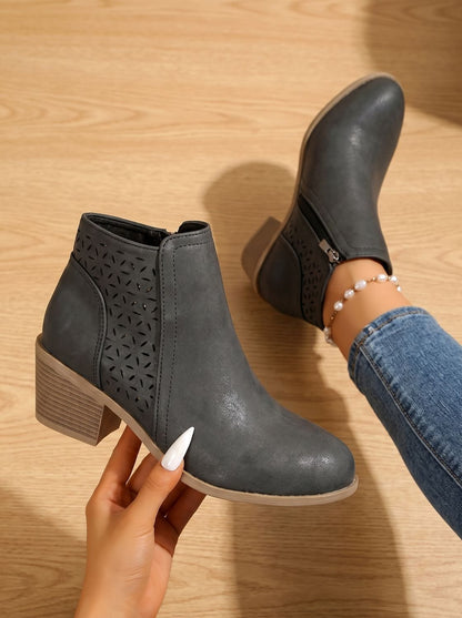 Women's Orthopedic Block Heel Ankle Boots with Laser-Cut Pattern