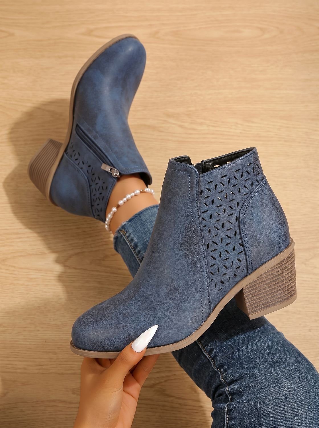 Women's Orthopedic Block Heel Ankle Boots with Laser-Cut Pattern