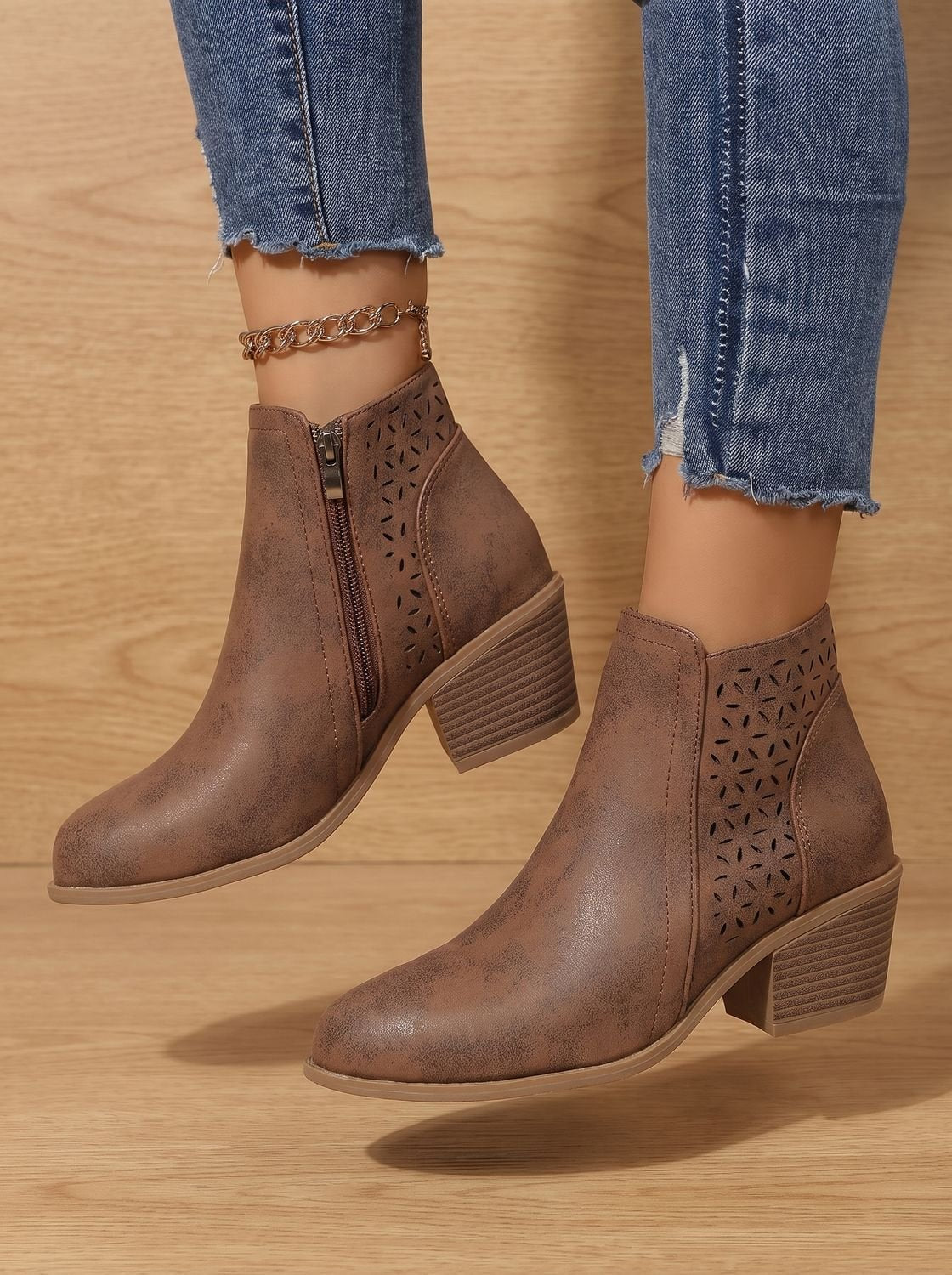 Women's Orthopedic Block Heel Ankle Boots with Laser-Cut Pattern