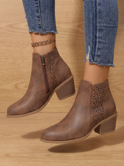 Women's Orthopedic Block Heel Ankle Boots with Laser-Cut Pattern