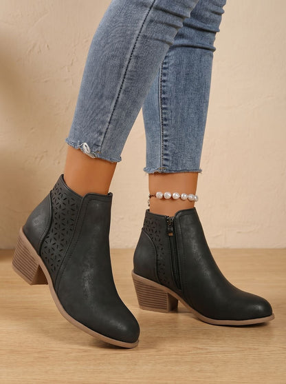 Women's Orthopedic Block Heel Ankle Boots with Laser-Cut Pattern