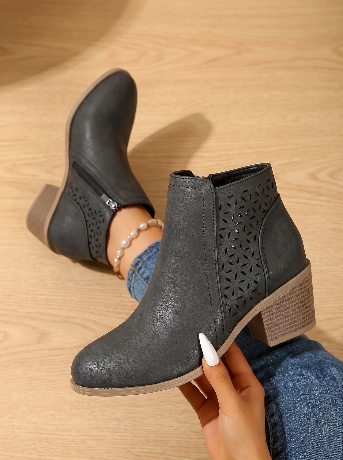 Women's Orthopedic Block Heel Ankle Boots with Laser-Cut Pattern