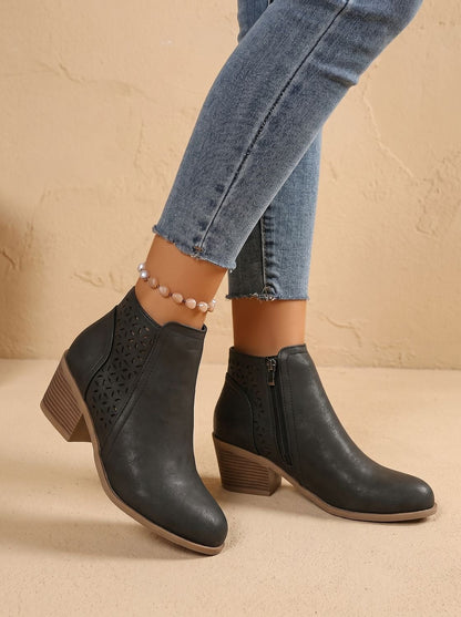 Women's Orthopedic Block Heel Ankle Boots with Laser-Cut Pattern