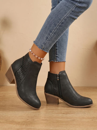 Women's Orthopedic Block Heel Ankle Boots with Laser-Cut Pattern
