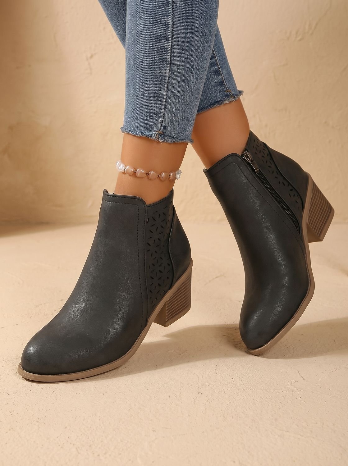 Women's Orthopedic Block Heel Ankle Boots with Laser-Cut Pattern