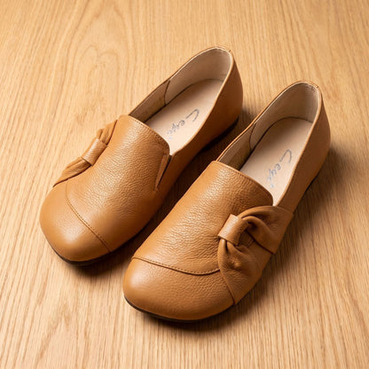 Women's Orthopedic Leather Slip-On Flats with Bow Detail