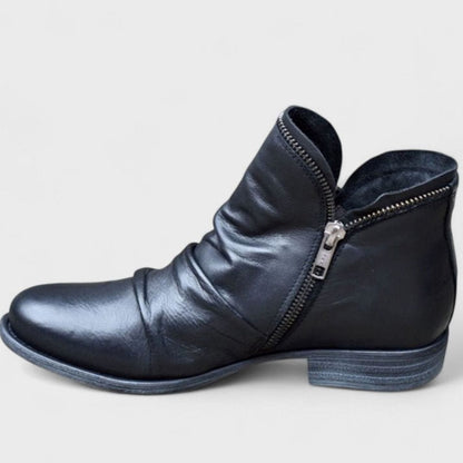 Women's Orthopedic Ruched Leather Side-Zip Ankle Boots