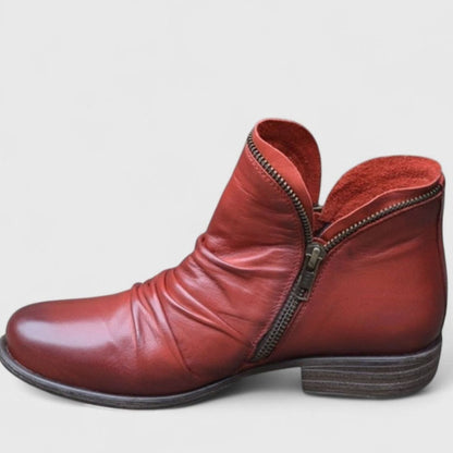 Women's Orthopedic Ruched Leather Side-Zip Ankle Boots